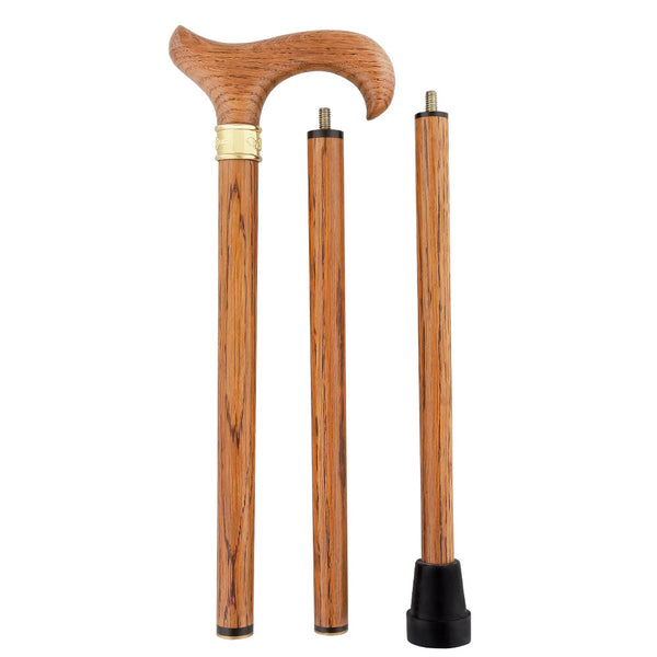 Scratch and Dent Genuine Oak Wood Derby 3 piece Walking Cane and Brass Embossed Collar V1906