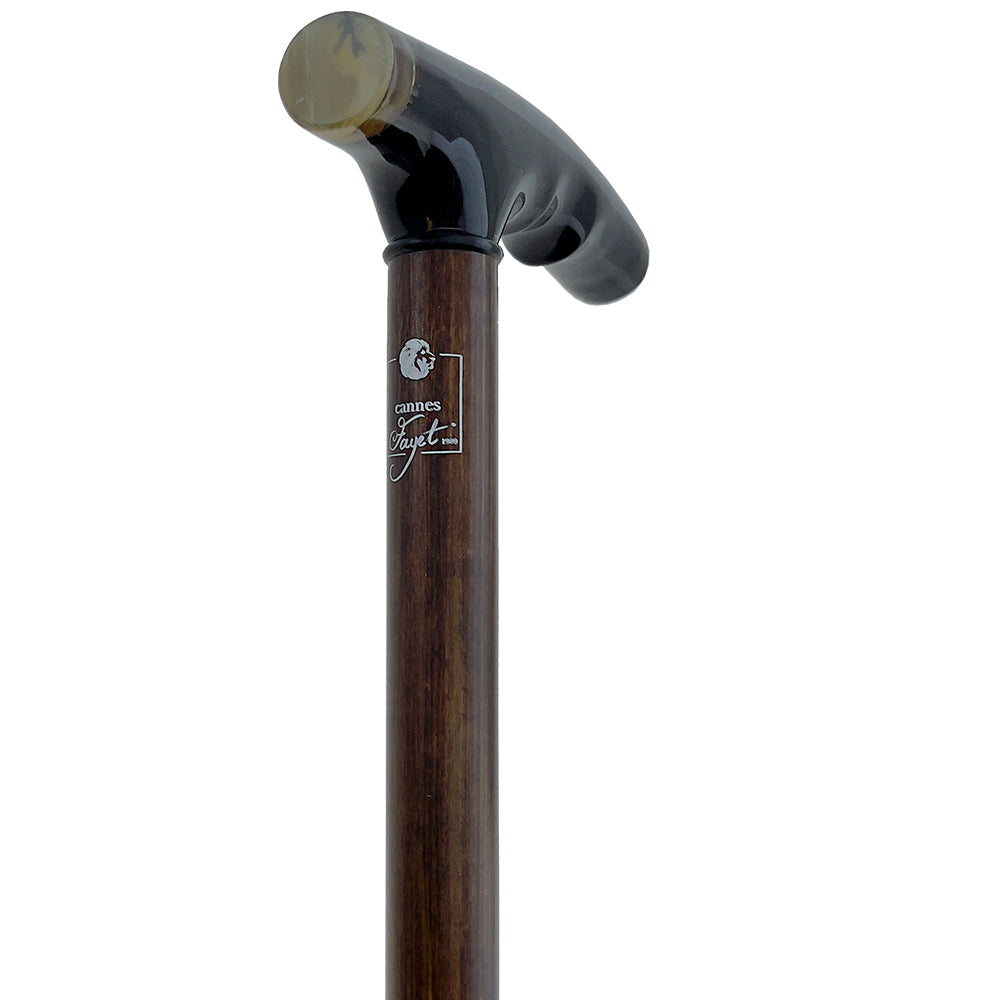 French Black Carved Horn Fritz: Walking Cane with Maple Shaft