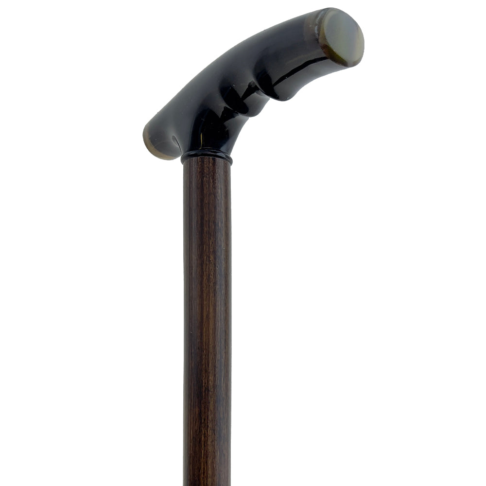 French Black Carved Horn Fritz: Walking Cane with Maple Shaft