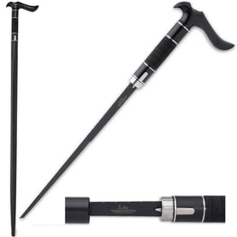 Black Oxide Wire Wrapped Sword Cane with Wooden Shaft & Metal Handle - 7CR17 Steel Blade