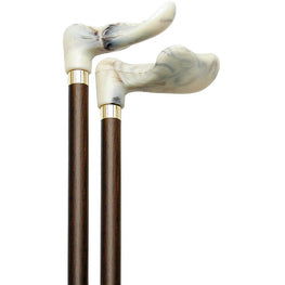Alex Orthopedic Creme Marble, palm grip walking cane with brown beechwood shaft, brass collar