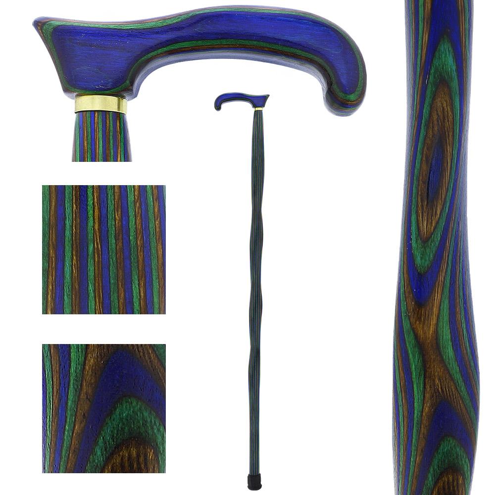 American Woodcrafter Green Blue and Brown Colortone Classic Derby Handle Walking Cane With laminate Birchwood Shaft
