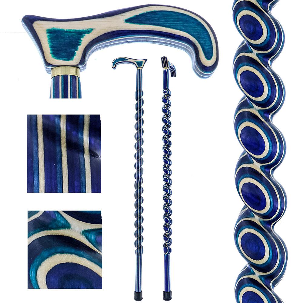 American Woodcrafter Highlander Blue Colortone Spiral Rope Derby Handle Walking Cane With laminate Birchwood Shaft