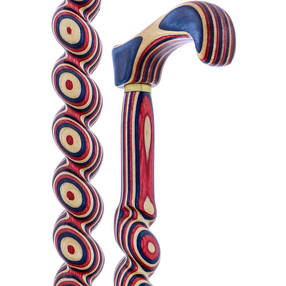 American Woodcrafter Red White & Blue Colortone Classic Rope Twist Derby Handle Walking Cane With laminate Birchwood Shaf