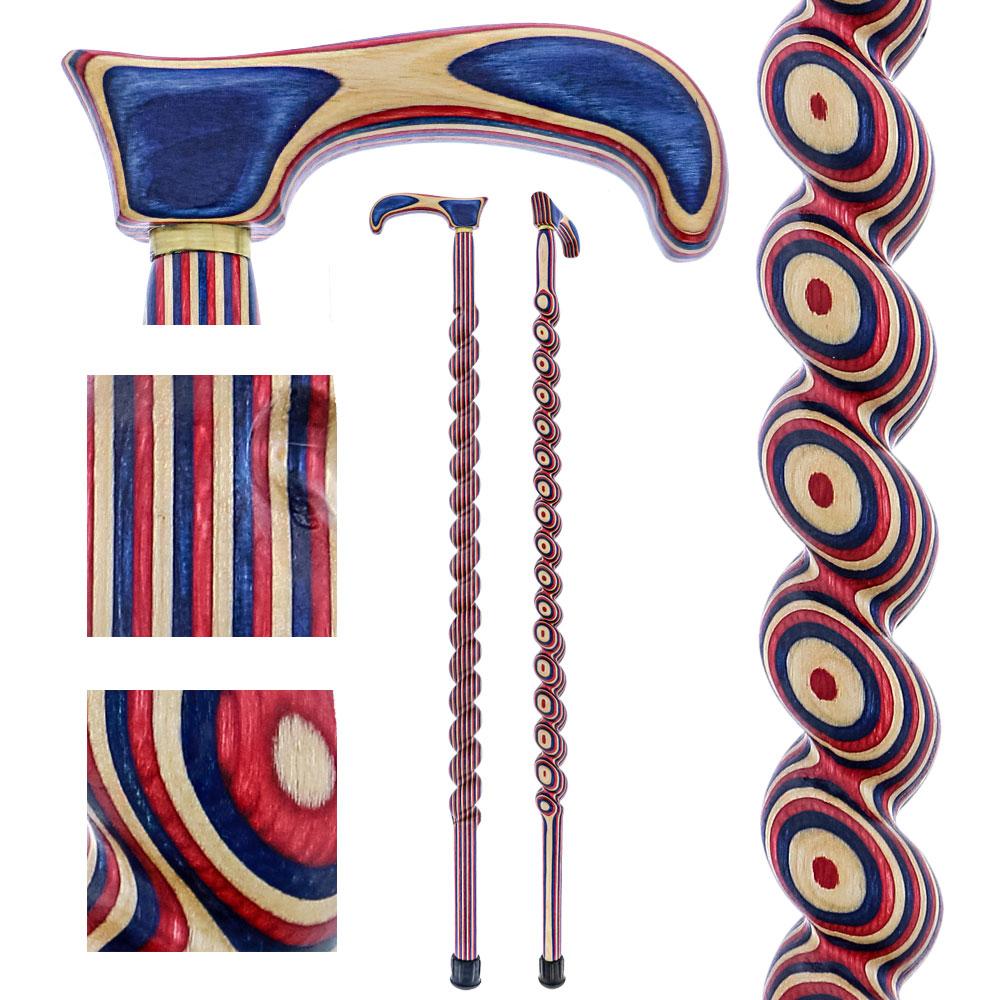 American Woodcrafter Red White & Blue Colortone Classic Rope Twist Derby Handle Walking Cane With laminate Birchwood Shaf