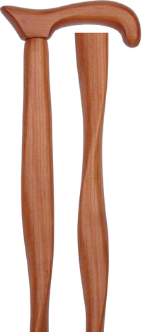 an American Woodcrafter Spiral Carved Genuine Cherrywood Derby Handle Walking Cane With Cherrywood Shaft