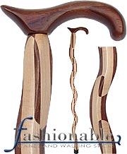 an American Woodcrafter Walnut and Maple Exotic Bend Derby Handle Walking Cane With Walnut and Maple Wood Shaft