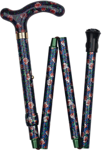 Classic Canes Green and Blue Floral, Derby Walking Cane with Floral Design Adjustable, Folding Aluminum Shaft and