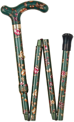 Classic Canes Green Floral, Derby Walking Cane with Floral Design Adjustable, Folding Aluminum Shaft and Bras