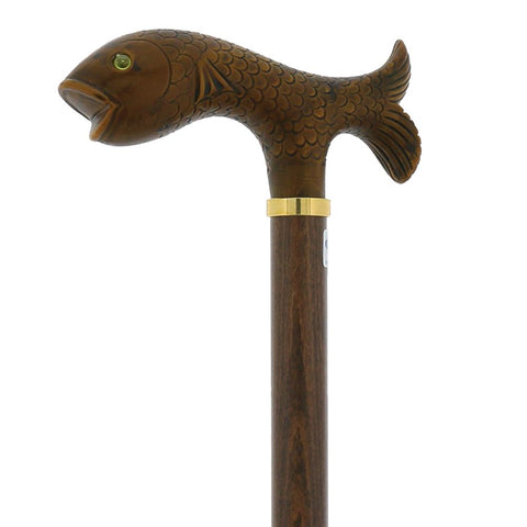 Comoys Brown Fish out of Water Walking Cane w/ Brown Beechwood Shaft and Gold Collar