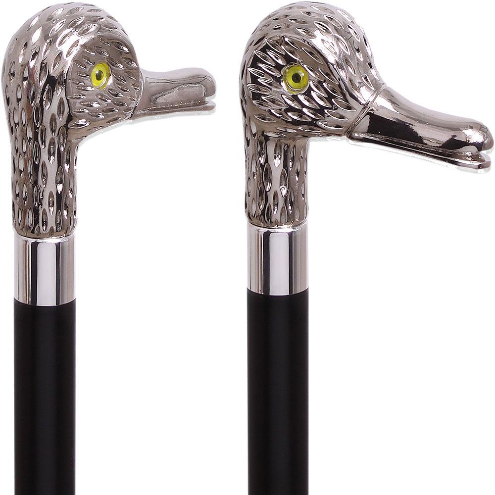 Comoys Feathered Duck Nickel Plated Handle Cane Italian Handle w/ Custom Shaft & Collar