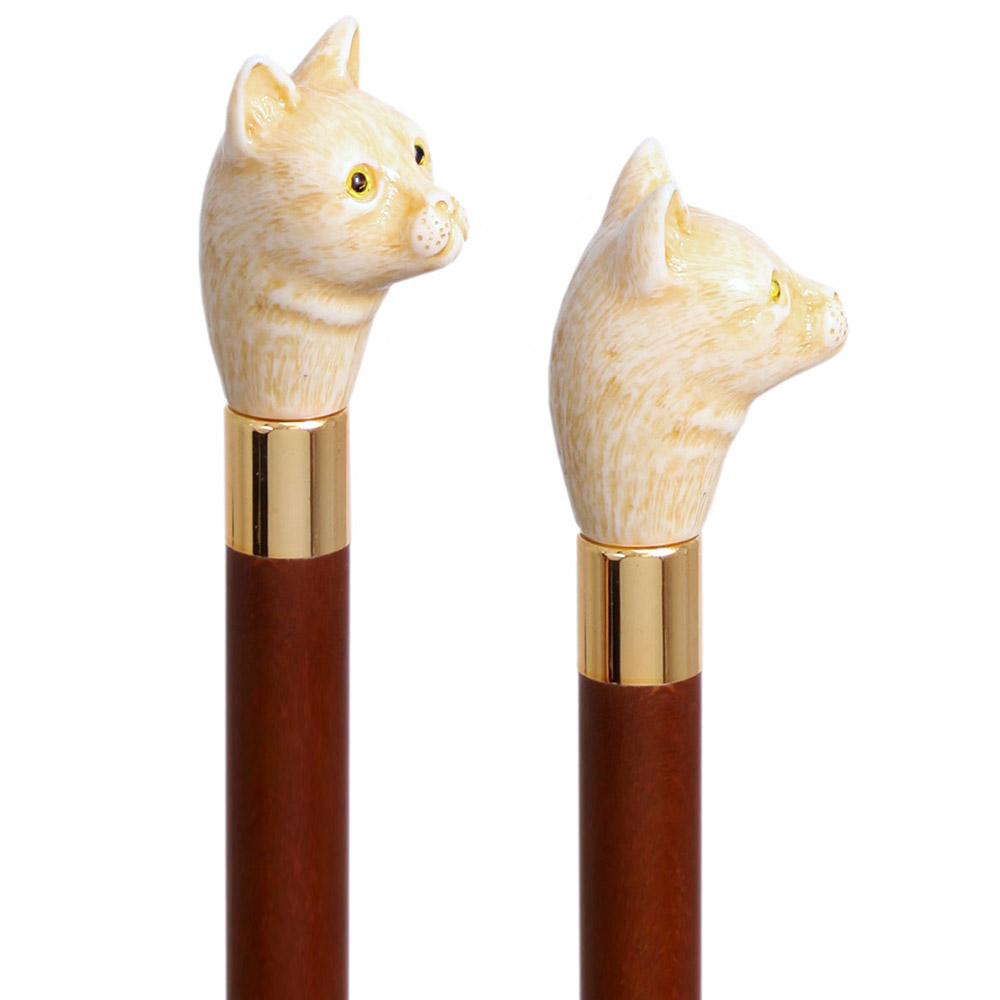 Comoys Cat Head Faux Ivory Handle Italian Handle Cane w/ Custom Shaft & Collar