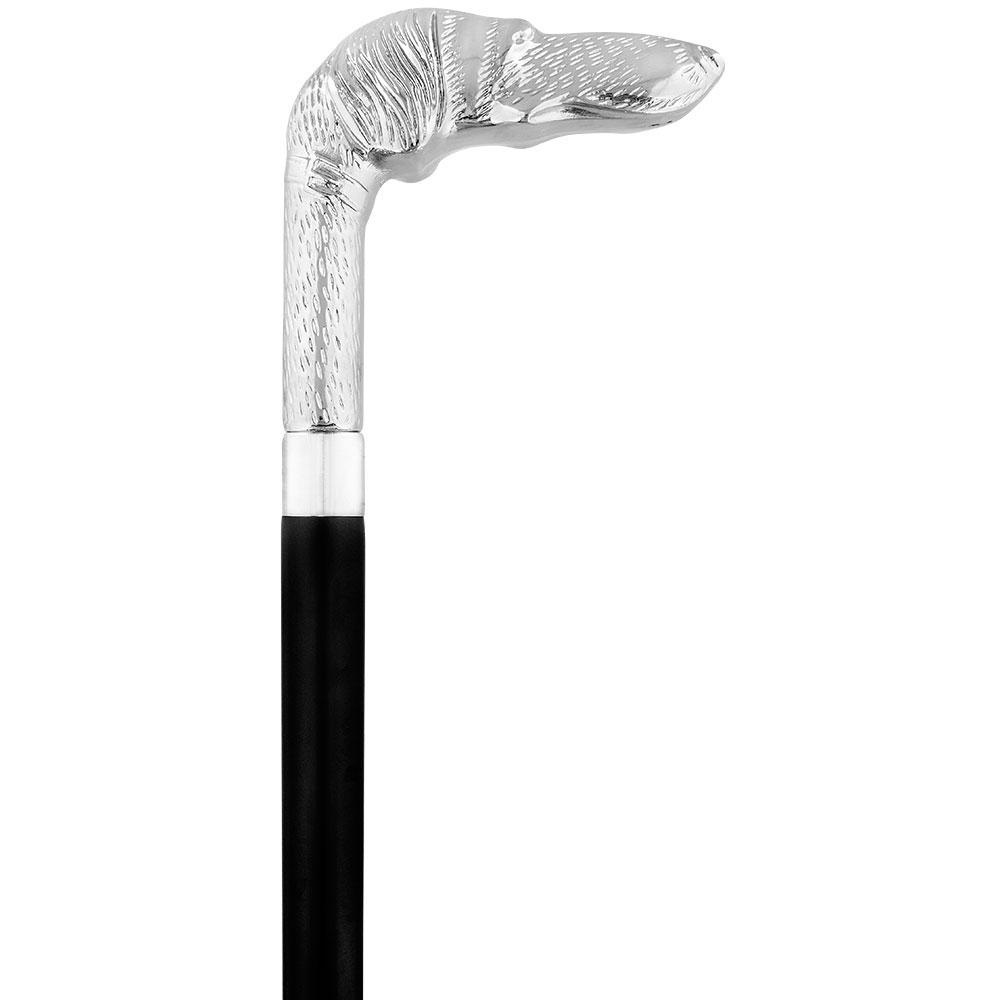 Comoys Long Nosed Dog Nickel Plated Handle Walking Cane - Italian Handle w/ Custom Shaft and Collar