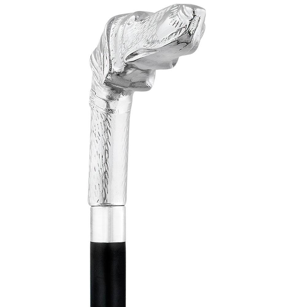 Comoys Long Nosed Dog Nickel Plated Handle Walking Cane - Italian Handle w/ Custom Shaft and Collar