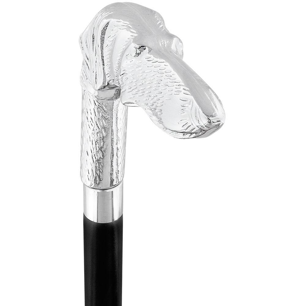 Comoys Long Nosed Dog Nickel Plated Handle Walking Cane - Italian Handle w/ Custom Shaft and Collar