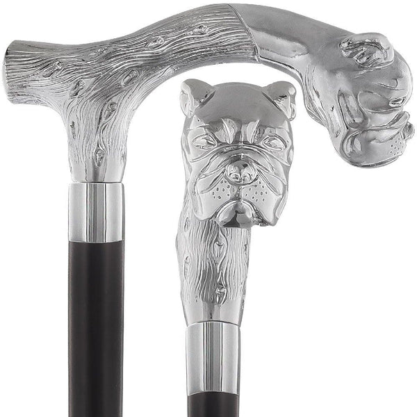 Comoys Strong & Courageous Bulldog Nickel Plated Fritz Handle Cane w/ Custom Shaft & Collar