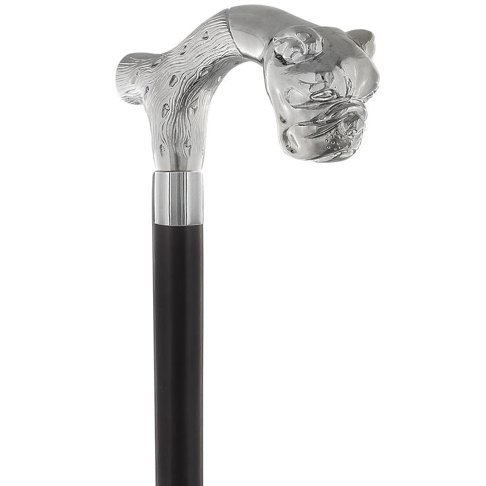 Comoys Strong & Courageous Bulldog Nickel Plated Fritz Handle Cane w/ Custom Shaft & Collar