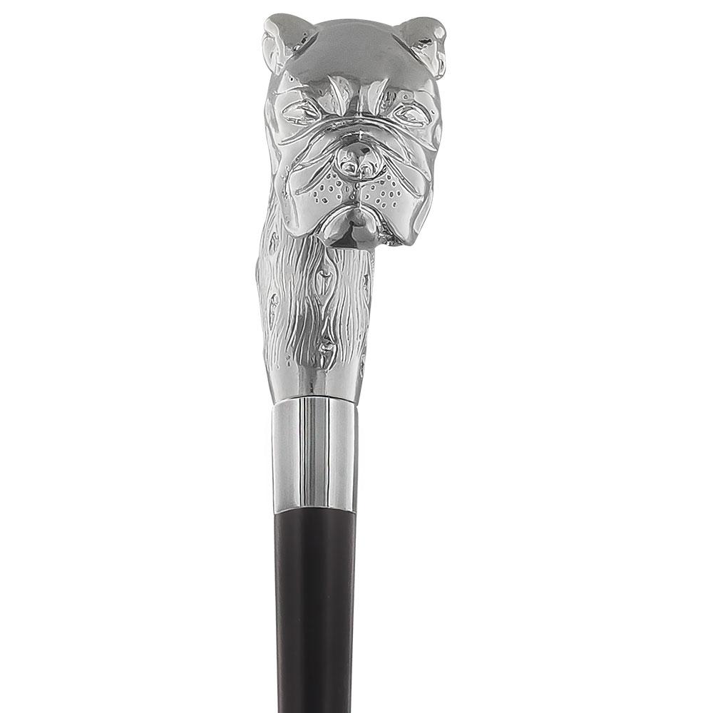 Comoys Strong & Courageous Bulldog Nickel Plated Fritz Handle Cane w/ Custom Shaft & Collar