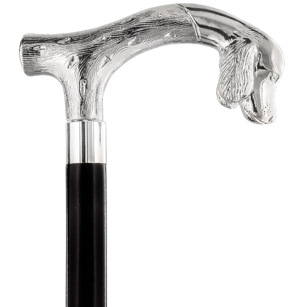 Comoys Tried-and-True Cocker Spaniel Nickel Plated Fritz Handle Cane w/ Custom Shaft & Collar
