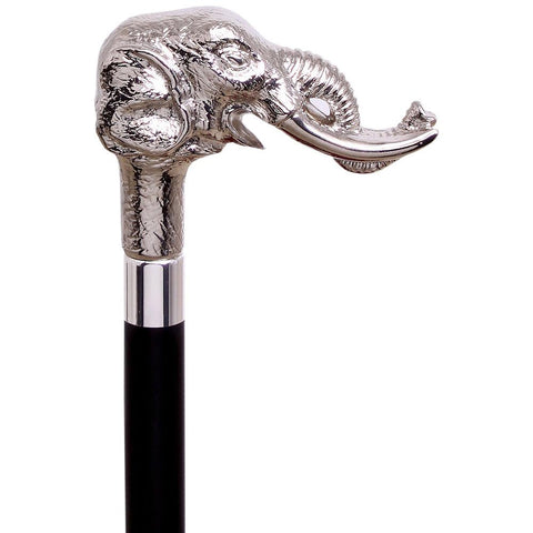 Comoys Elephant w/ Tusks Nickel Plated Handle Italian Handle Cane w/ Custom Shaft & Collar