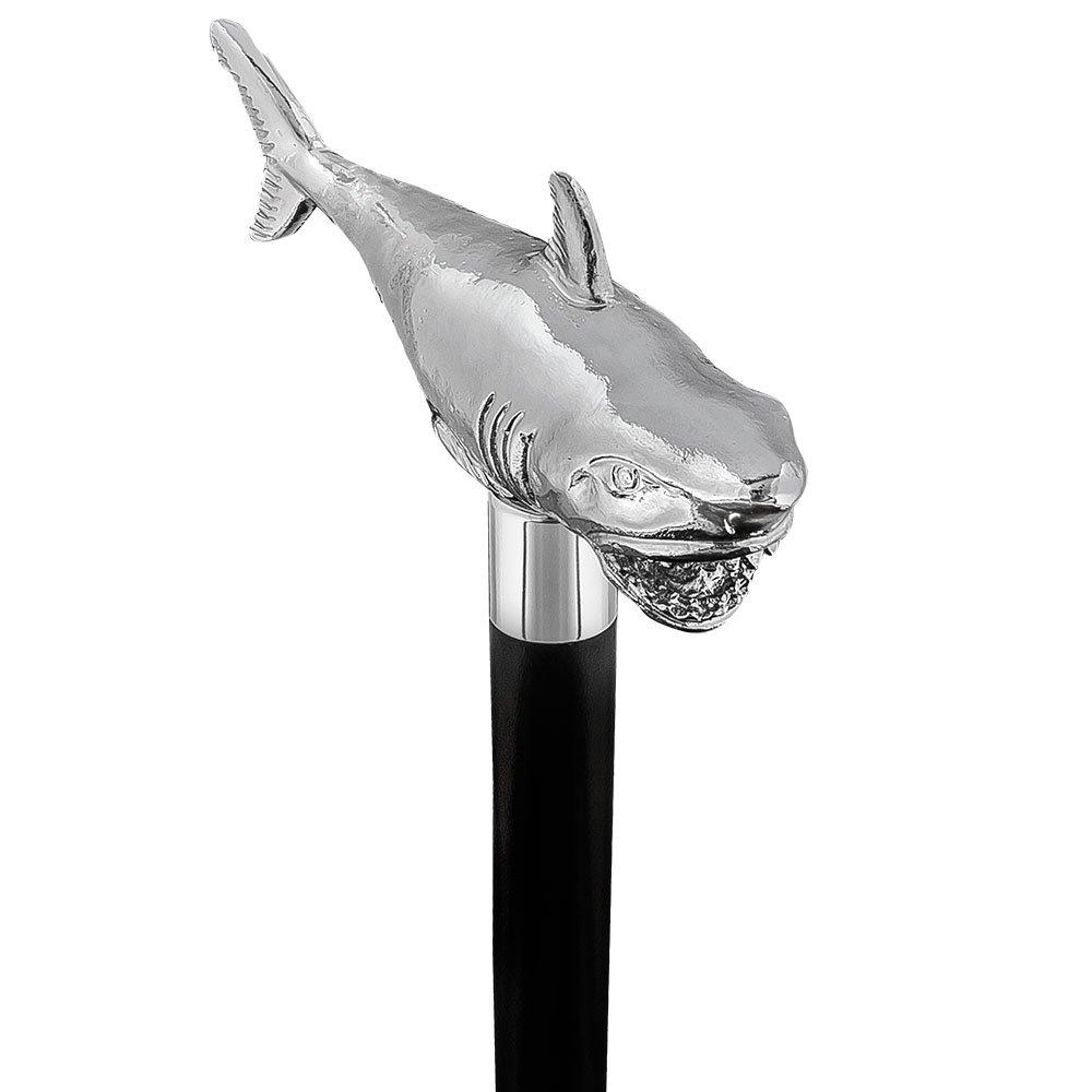 Comoys Great White Shark Nickel Plated Handle Cane w/ Custom Shaft & Collar