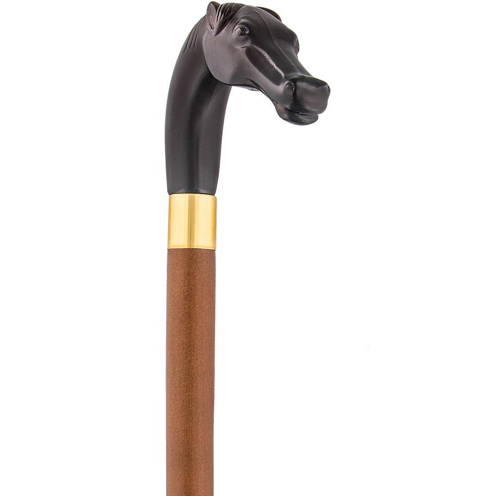 Comoys Brown Racing Dark Horse Walking Cane - Italian Handle w/ Custom Shaft and Collar