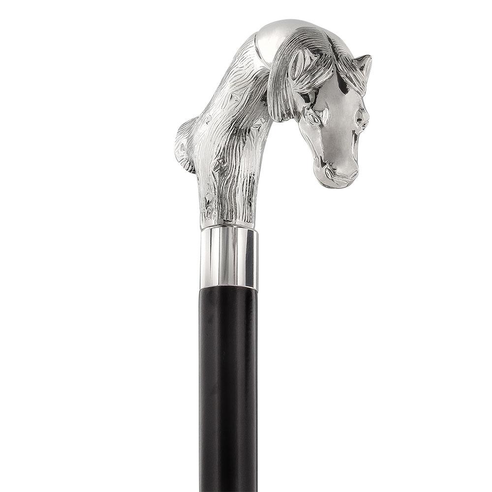 Comoys Smooth & Steady Horse Nickel Plated Fritz Handle Cane w/ Custom Shaft & Collar
