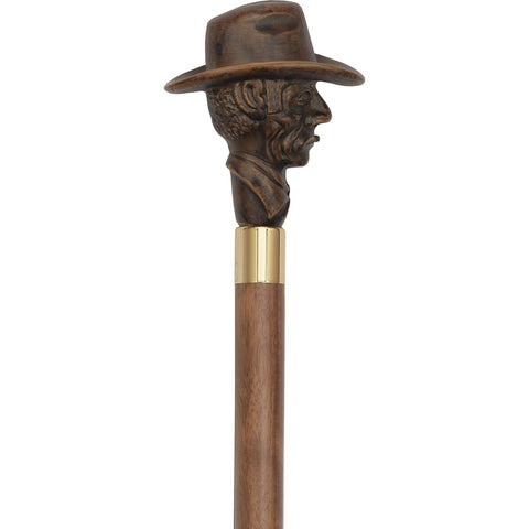 Comoys Brown Cowboy with Hat Imitation Wood Cane -Italian Handle w/Custom Shaft and Collar