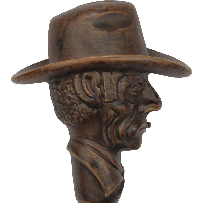 Comoys Brown Cowboy with Hat Imitation Wood Cane -Italian Handle w/Custom Shaft and Collar