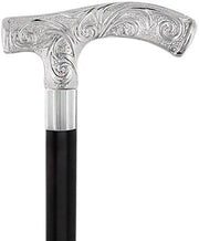 Comoys Carved Scroll Fritz Nickel Plated Handled Cane - Italian Handle w/ Custom Shaft & Collar