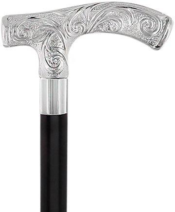 Comoys Carved Scroll Fritz Nickel Plated Handled Cane - Italian Handle w/ Custom Shaft & Collar