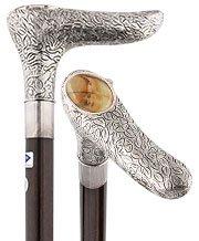 Comoys Silver Plated Handle Walking Stick w/ Onyx Pillbox and Brown Beechwood Shaft