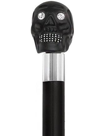 Comoys Black Skull Head Cane With Swarovski Crystal Eyes and Teeth-Italian Handle w/Custom Shaft and Collar