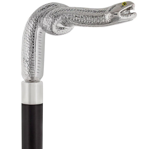 Comoys Cunningly Vicious Snake Nickel Plated Fritz Handle Cane w/ Custom Shaft & Collar
