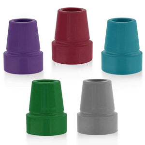 Designer 18mm rubber cane tips in purple, red, teal blue, green, and gray