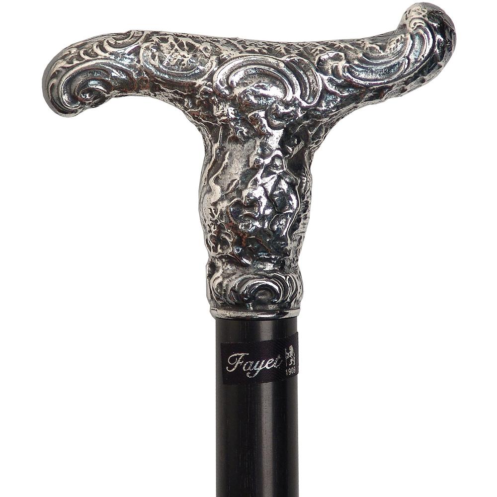Fayet Silver Plated Antique Reproduction T Handle Walking Cane With Stamina Wood Shaft
