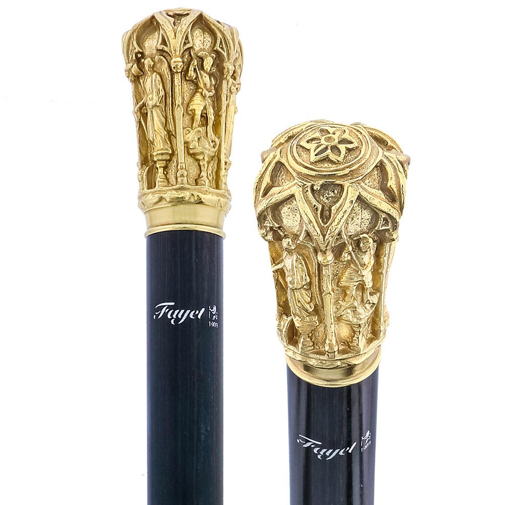 Fayet 14 K Gold Roman Cathedral Antique Reproduction Knob Handle Walking Stick With Stamina Wood Shaft