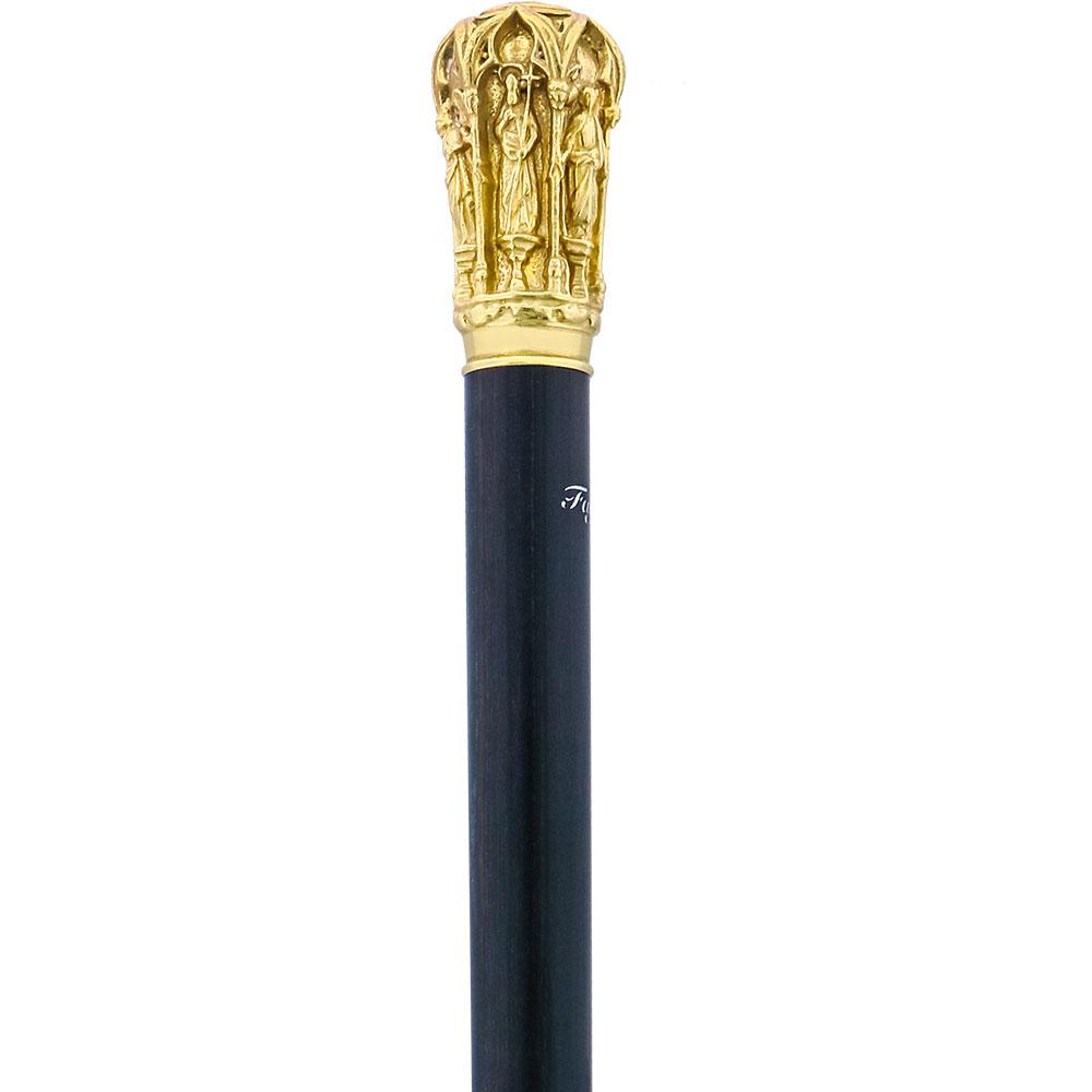 Fayet 14 K Gold Roman Cathedral Antique Reproduction Knob Handle Walking Stick With Stamina Wood Shaft