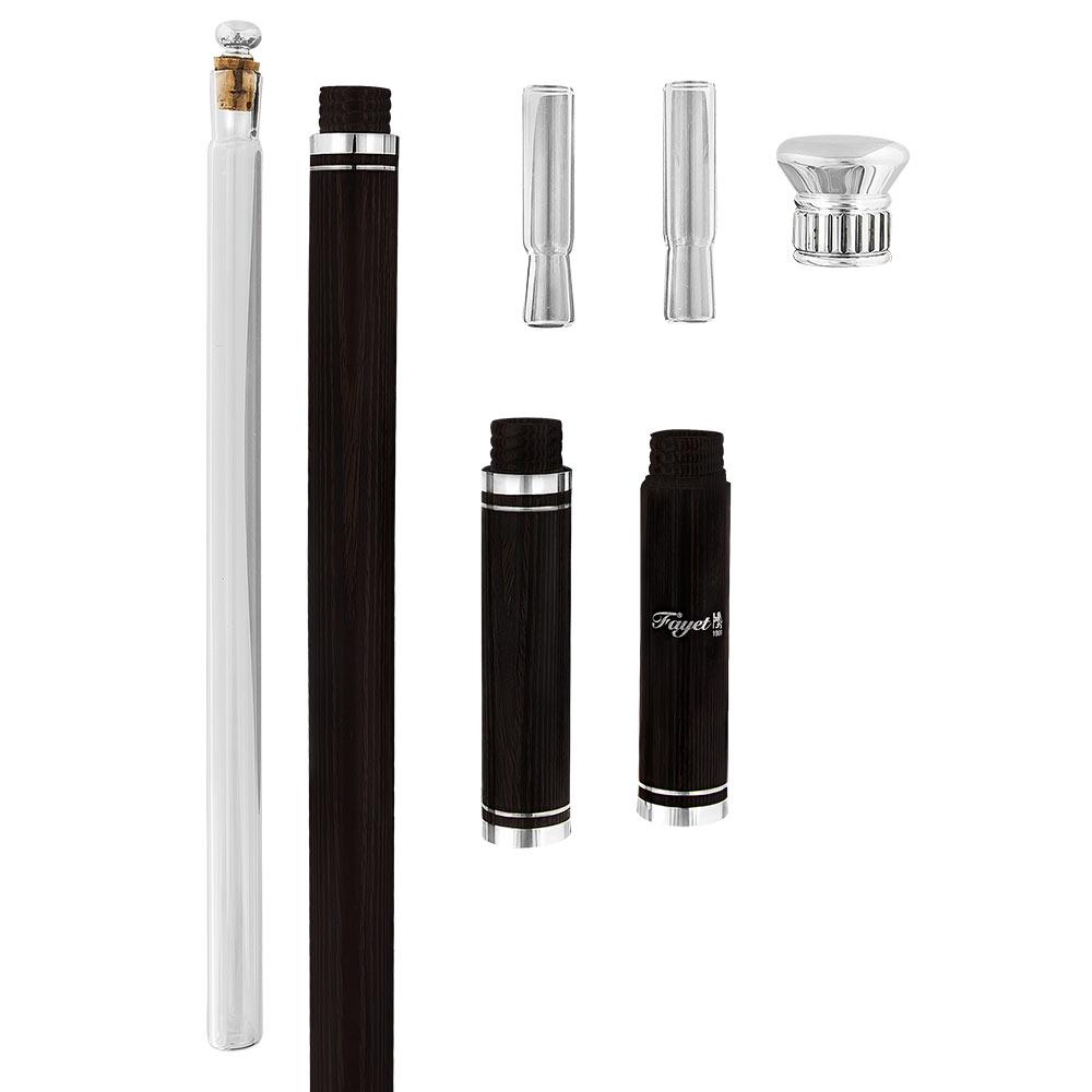 Fayet Flask Tippling Stick w/ Silver Plated Knob & 3-Piece Ebony Wood Veener Black Carbon Fiber Shaft