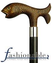 HARVY Brown Fish Handle Walking Cane With Black Beechwood Shaft and Silver Collar