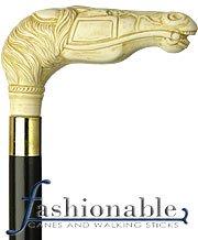 HARVY Faux Ivory Horse Handle Walking Cane With Black Beechwood Shaft and Brass Collar
