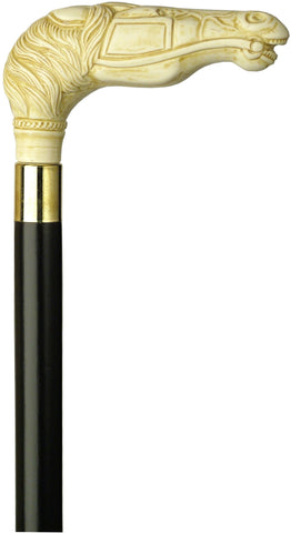 HARVY Faux Ivory Horse Handle Walking Cane With Black Beechwood Shaft and Brass Collar