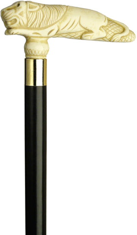 HARVY Faux Ivory Lion Handle Walking Cane With Black Beechwood Shaft and Brass Collar
