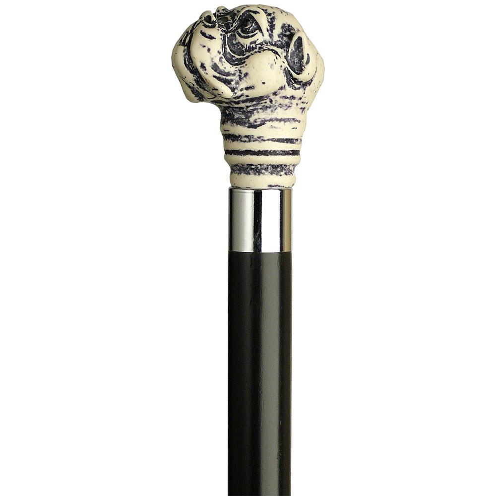 HARVY Scrimshaw Bulldog Walking Cane With Black Beechwood Shaft and Silver Collar