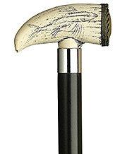 HARVY Scrimshaw Faux Whale Tooth Walking Cane With Black Beechwood Shaft and Silver Collar