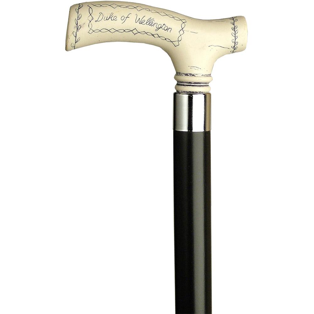 HARVY Scrimshaw Duke of Wellington Fritz Handle Walking Cane With Black Beechwood Shaft and Silver Collar