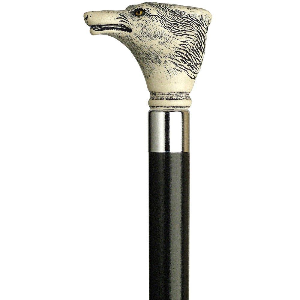 HARVY Scrimshaw Wolf Walking Stick With Black Beechwood Shaft and Silver Collar