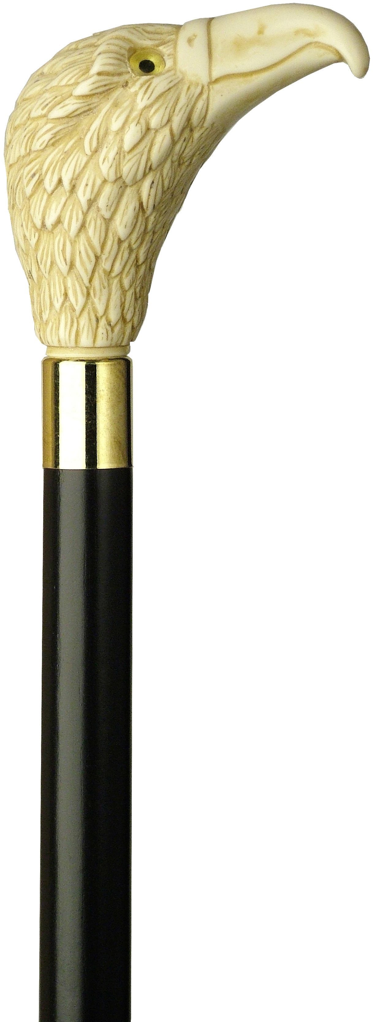 HARVY Faux Ivory Eagle Handle Walking Cane With Black Beechwood Shaft and Brass Collar
