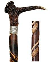 HARVY Stag Horn Walking Cane With Spiral Carved Chestnut Shaft and Silver Collar