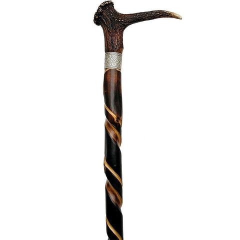 HARVY Stag Horn Walking Cane With Spiral Carved Chestnut Shaft and Silver Collar